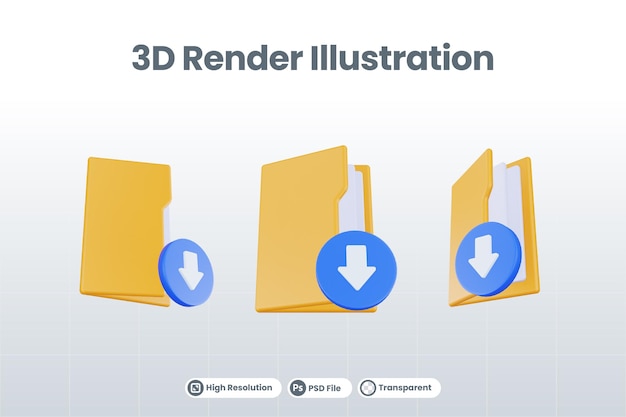 3d render folder download icon with orange file folder and blue download