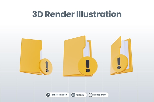 3d render folder exclamation mark icon with orange file folder and yellow exclamation mark