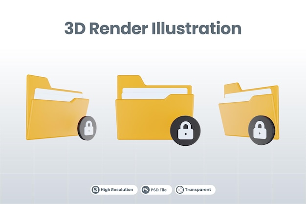 3d render folder locked icon with orange file folder and black locked