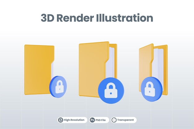 3d render folder locked icon with orange file folder and blue locked