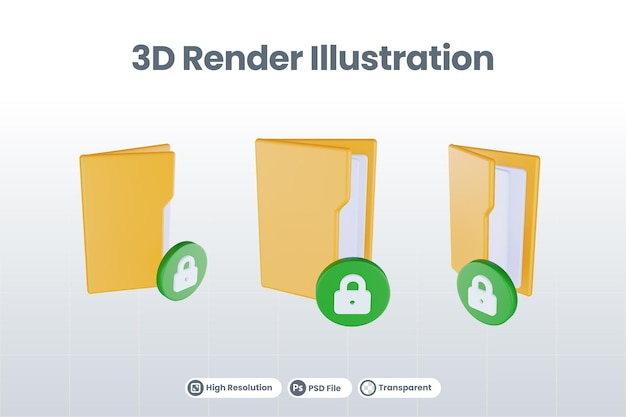 3d render folder locked icon with orange file folder and green locked