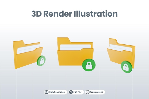 3d render folder locked icon with orange file folder and green locked