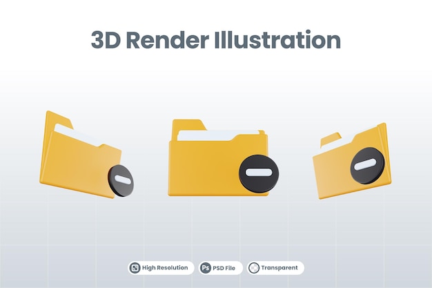 3d render folder minus icon with orange file folder and black minus