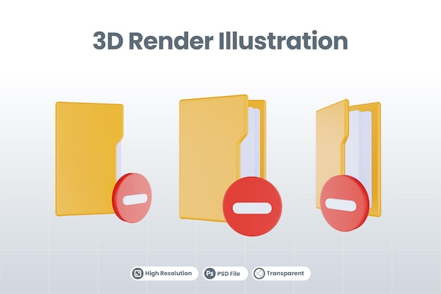 3d render folder minus icon with orange file folder and red minus