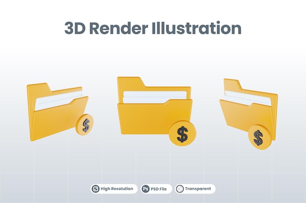 3d render folder money icon with orange file folder and yellow money