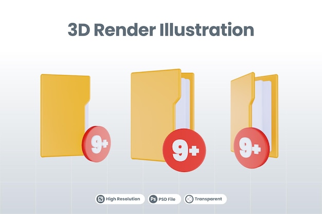 3d render folder nine plus icon with orange file folder and red nine plus