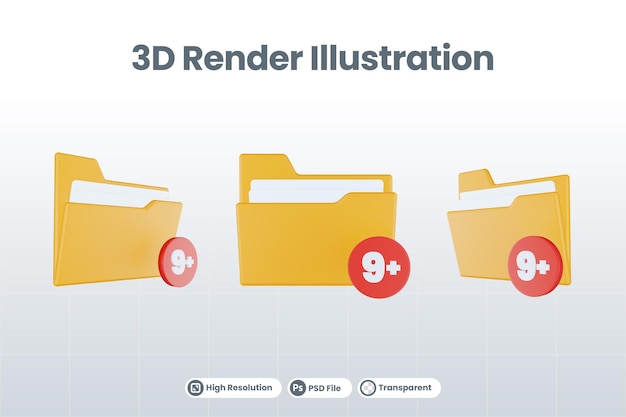 3d render folder nine plus icon with orange file folder and red nine plus