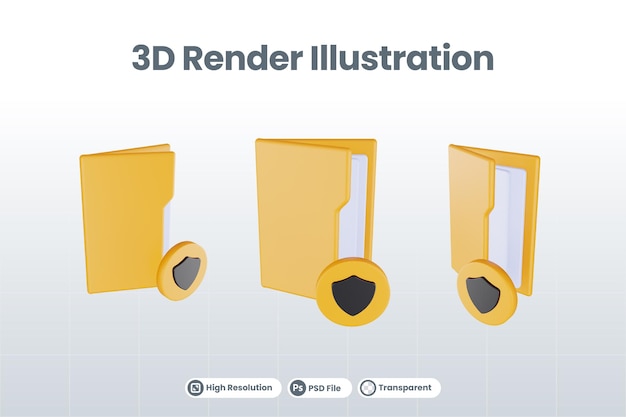 3d render folder protection icon with orange file folder and yellow protection