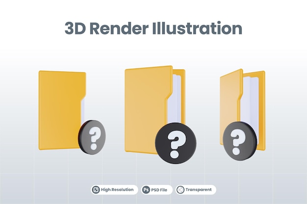 3d render folder question mark icon with orange file folder and black question mark