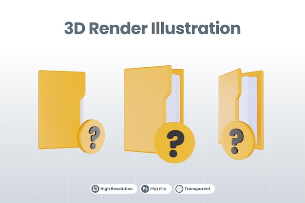 3d render folder question mark icon with orange file folder and yellow question mark