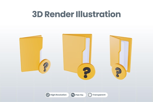 3d render folder question mark icon with orange file folder and yellow question mark