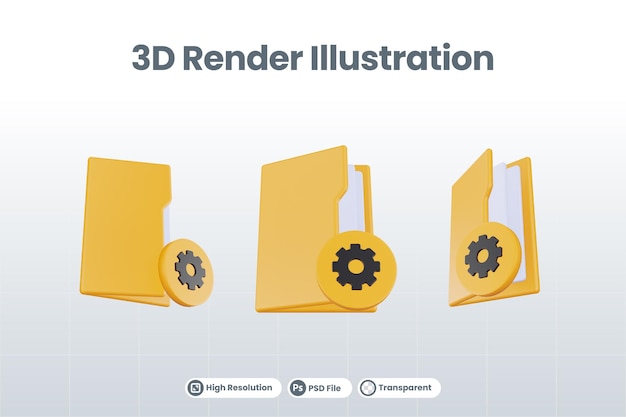 3d render folder setting icon with orange file folder and yellow setting