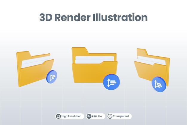 3d render folder sort icon with orange file folder and blue sort