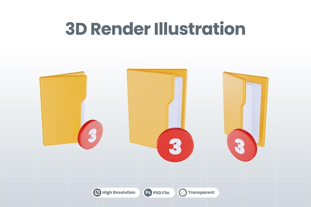 3d render folder three icon with orange file folder and red three