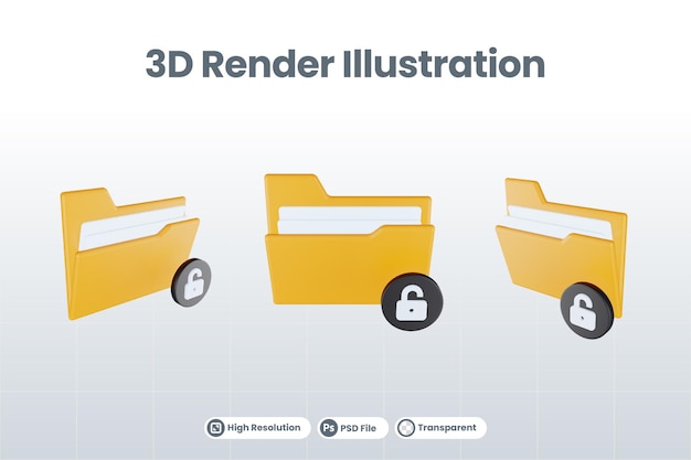 3d render folder unlocked icon with orange file folder and black unlocked