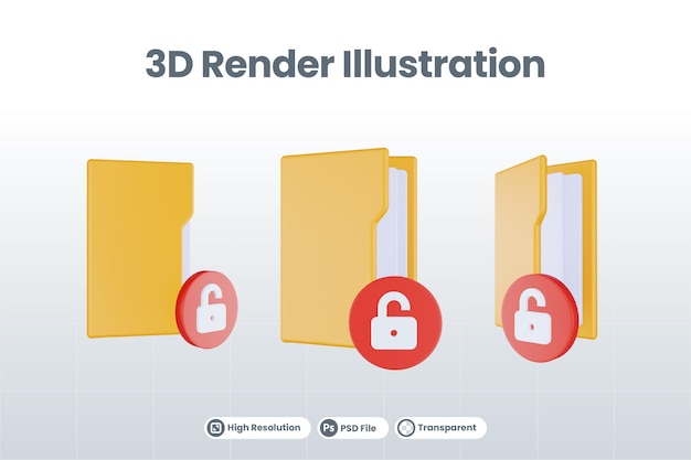 3d render folder unlocked icon with orange file folder and red unlocked