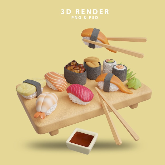 3d render food illustration for japan cuisine or sushi restaurant to make menu with fancy nigiri