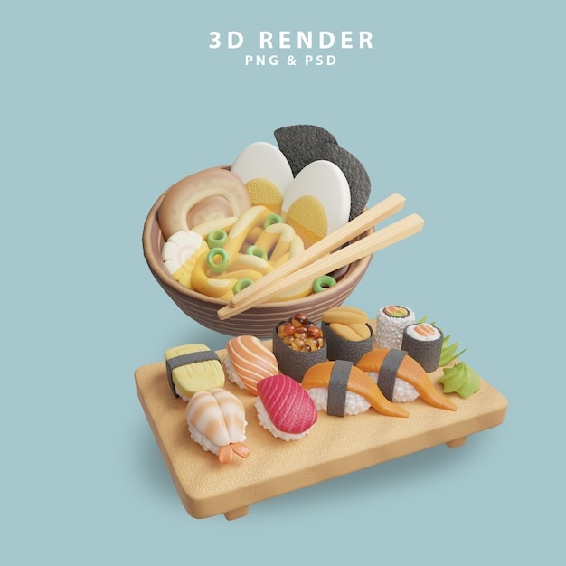 3d render food illustration for japan cuisine or sushi restaurant to make menu with udon and sushi