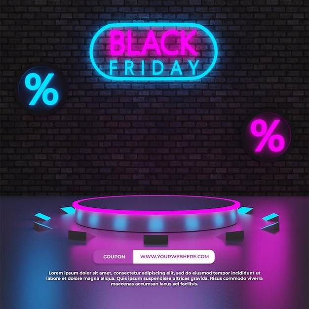 3d render of futuristic neon black friday discount for product display mockup