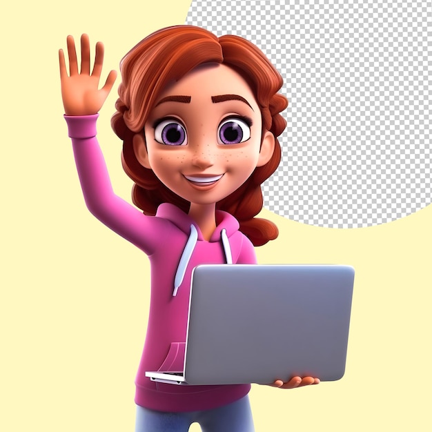 3D Render of Girl Greeting with Laptop in Hand Friendly Gesture and Technology Girl student 3d