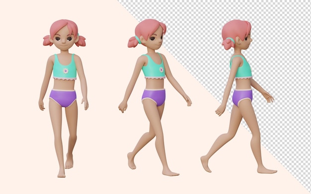 3D render girl postures walking set