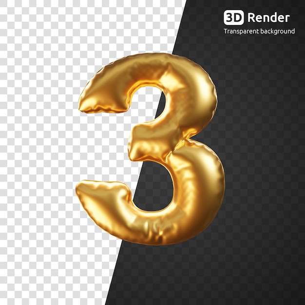 3d render of gold balloon of number three