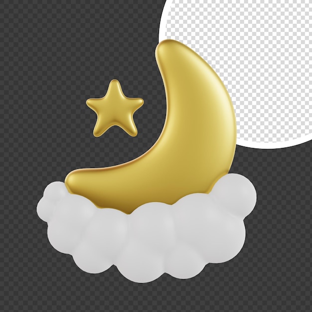 3D Render of Gold Moon and Star Symbol on White Cloud