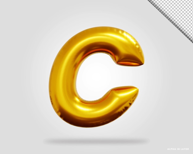 3d render of golden alphabet letter C balloon style