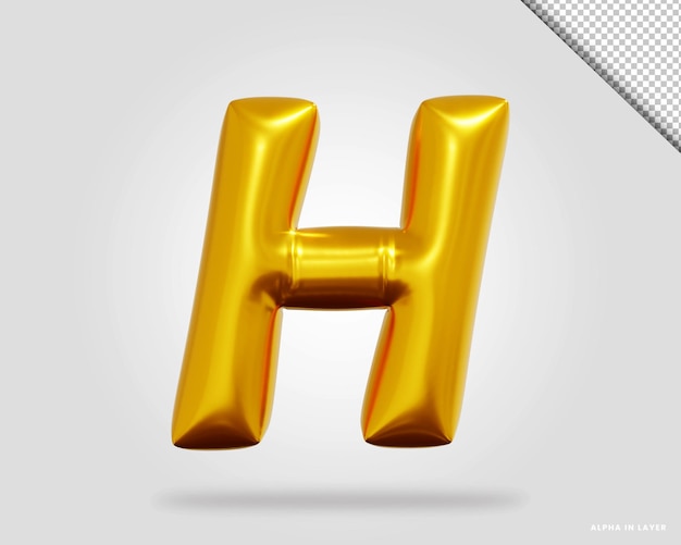 3d render of golden alphabet letter H balloon style