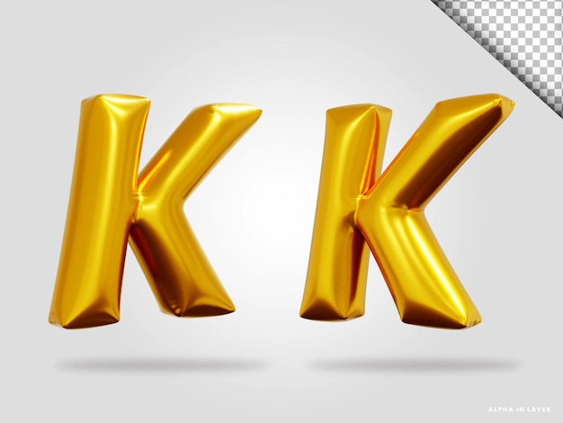 3d render of golden alphabet letter K balloon style