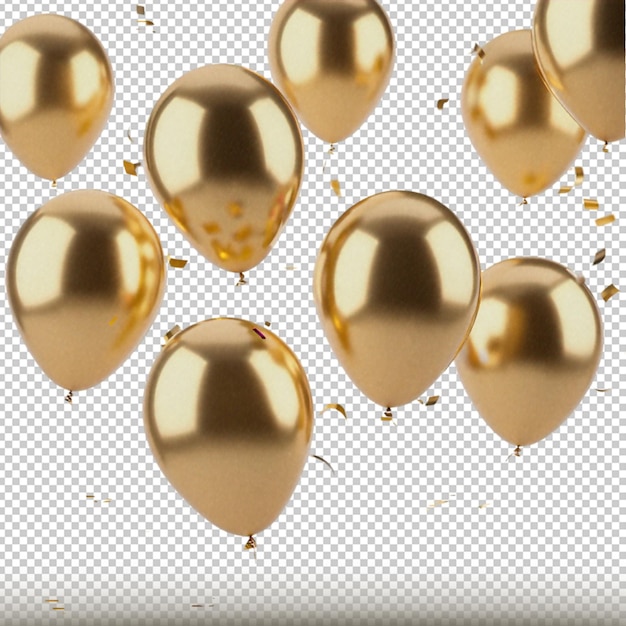 3d render of golden balloons flying with confetti isolated on transparent background