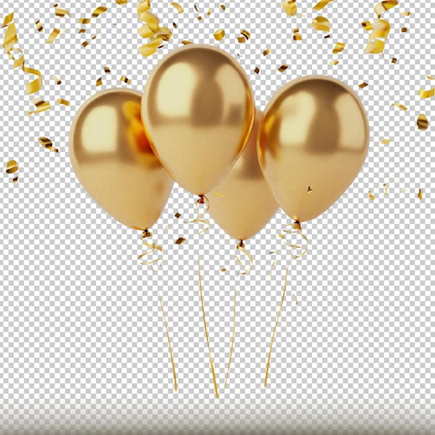 3d render of golden balloons flying with confetti isolated on transparent background