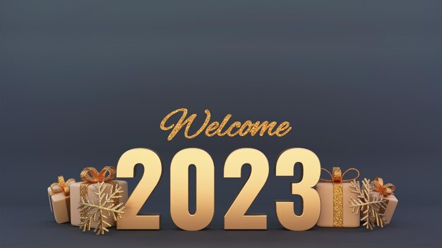 PSD 3d render of golden welcome 2023 text with glitter snowflakes gift boxes on slate color background