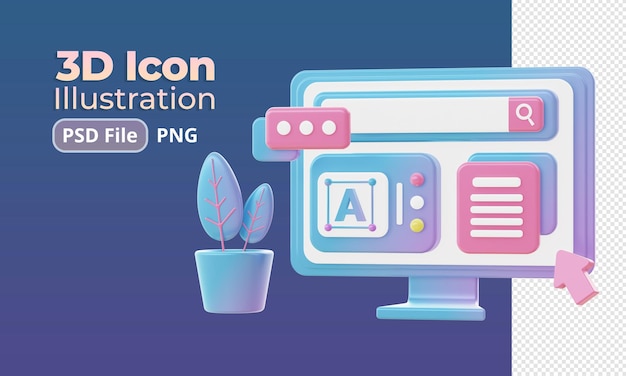 3d render of Gradient computer monitor illustration icons for UI UX web mobile apps social media ads