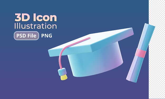 3d render of Gradient graduation hat toga and scroll illustration icons for web social media ads des