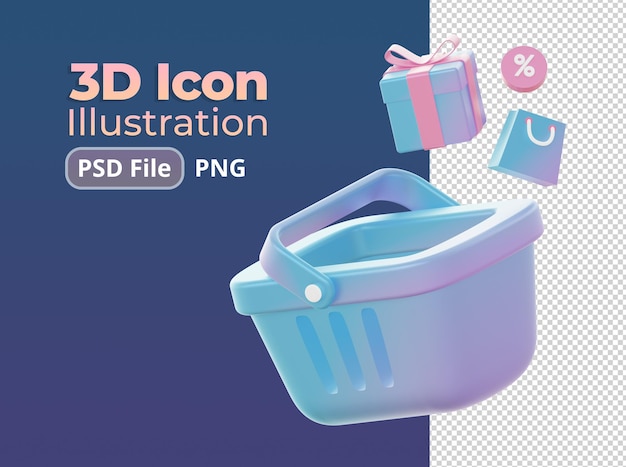 3d render of Gradient shopping basket with bag and gift illustration icons for web social media ads