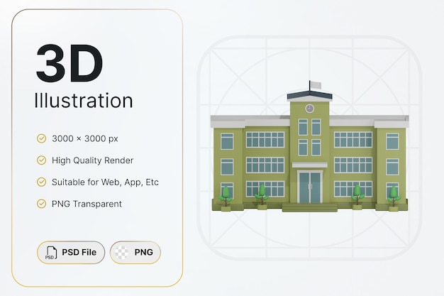 3D Render Green School Building Center View Concept Modern Design