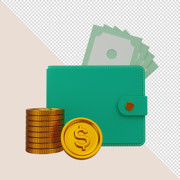 3D render green wallet with a golden coin and money bills