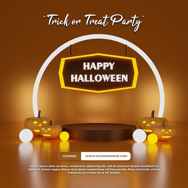 3d render of Halloween with pumpkin, lamp, and podium trick and treat party