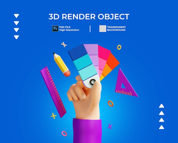 3d render of hand holding color and stationery isolated