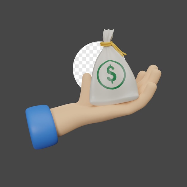 3D Render Hand Holding Money Bag