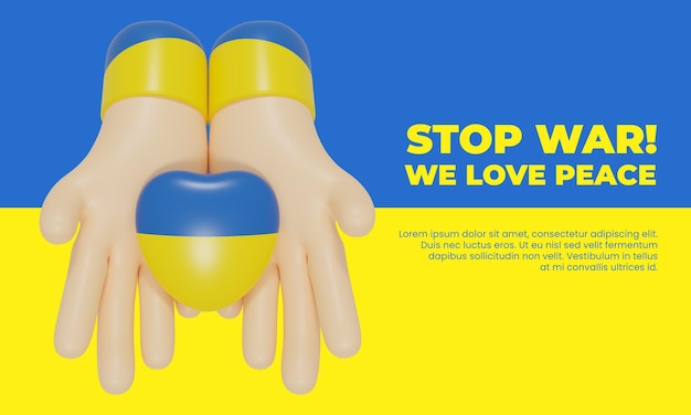 3D Render Hand With Heart Banner Ukraine Stop War