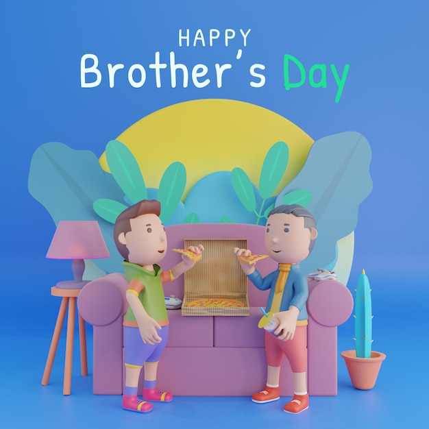 3d render happy brothers day eating pizza