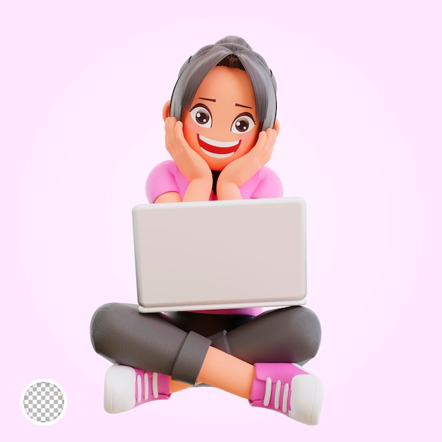 3d render Happy cheerful cute girl child having fun spend summer holidays away from school sits cro