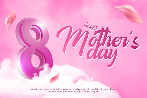 3d render Happy mother's day poster with clounds design with pink background PSD