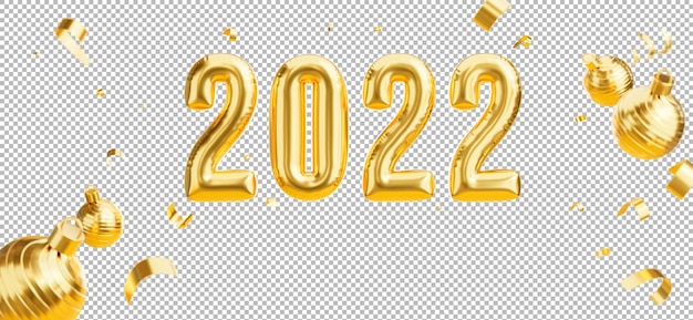 3d render of Happy new year 2022 gold balloons decoration with christmas ball,golden confetti