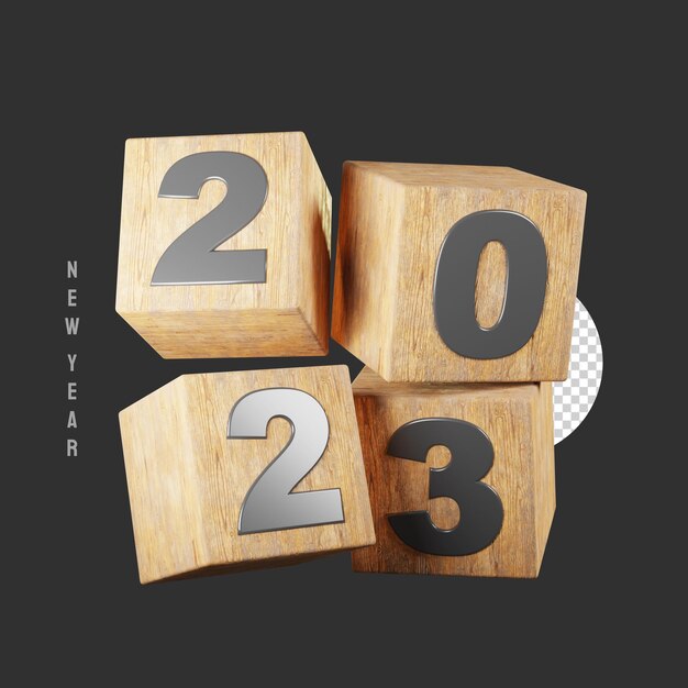 PSD 3d render happy new year 2023 on cube wood with isolated transparent background