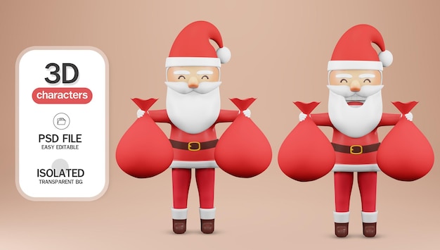 3d render.  Happy New Year and Merry Christmas card. Santa Claus with gift bag