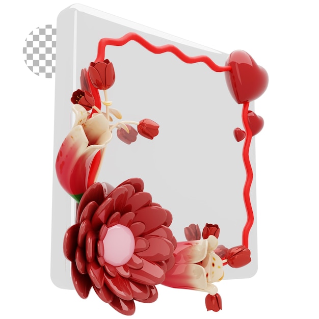 3D render happy valentines day decorated with flowers and leaves