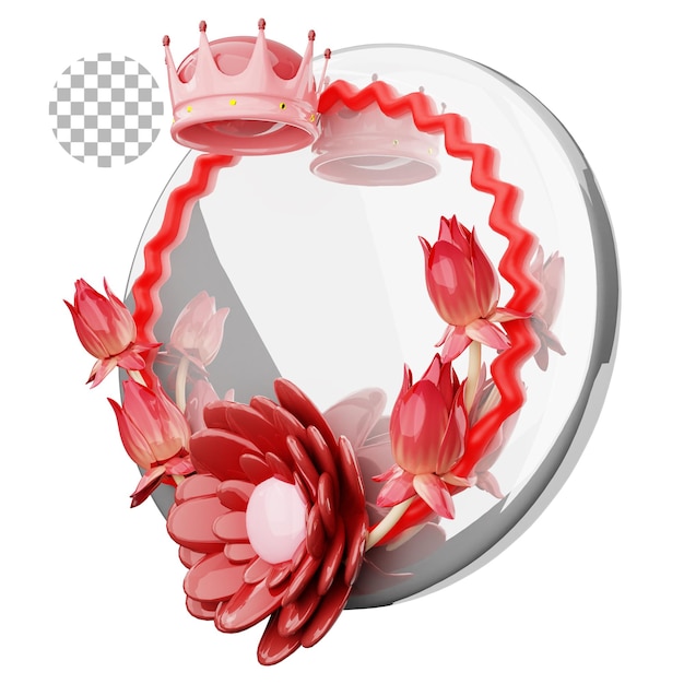 3D render happy valentines day decorated with flowers and leaves